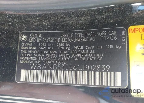 2006 BMW 550I from USA, damaged, VIN WBANB53556CP02839
